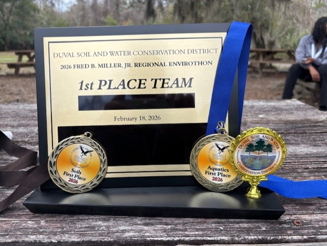 Trophy and metals from the Florida regional Envirothon competition 2026